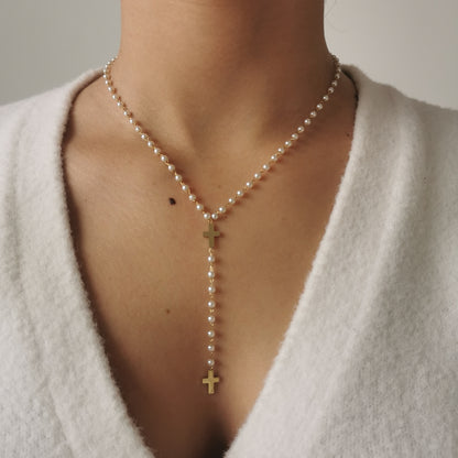 COLLIER DOUBLE CROIX PERLES NACRES