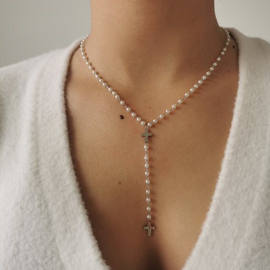 COLLIER DOUBLE CROIX PERLES NACRES